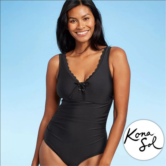 KONA SOL Grommet Scallop Classic Black One Piece Swimsuit  NEW! - Picture 1 of 8